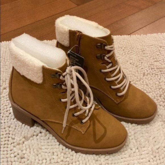 Addition Elle Women Brown Wide Combat Sherpa Trim Lace up Winter Boots Size 9W - Picture 2 of 12